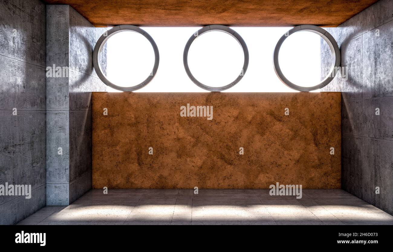 abstract concrete structure with walls and rings. 3d render. nobody ...