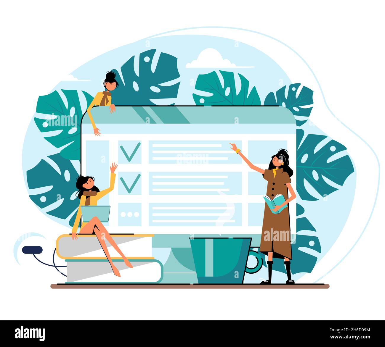 Survey online of customer satisfaction. Computer screen with ticks. Small women characters. illustration in flat style. Stock Vector