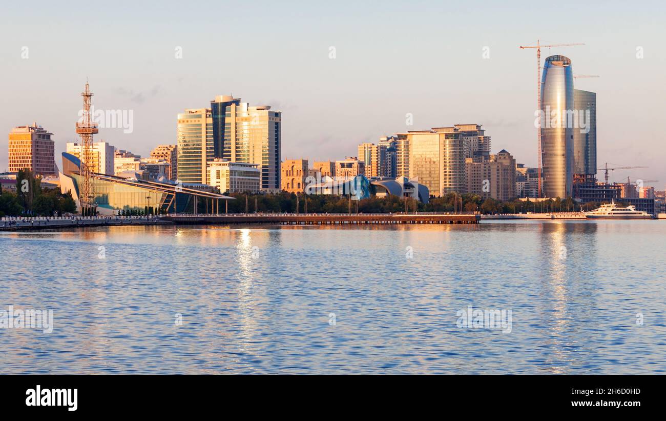 Baky skyline view from Baku boulevard or the Caspian Sea embankment. Baku is the capital and largest city of Azerbaijan and of the Caucasus region. Stock Photo