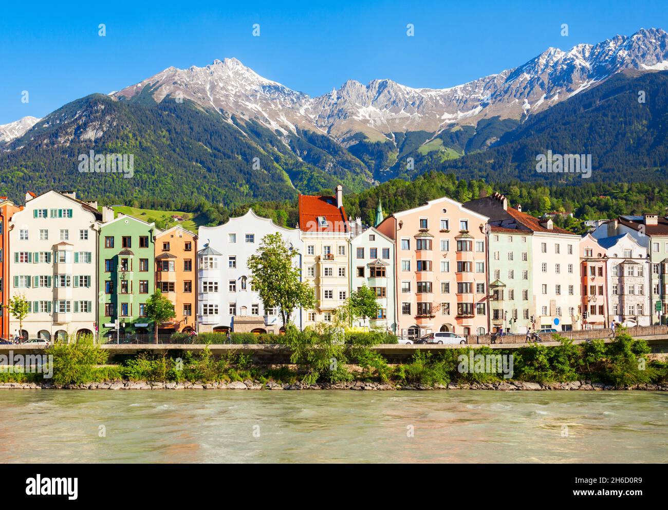 Innsbruck embankment with beauty houses at the Inn river. Innsbruck is