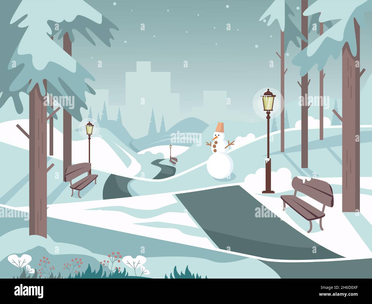 Winter city park on the background of the city. Landscape with benches ...