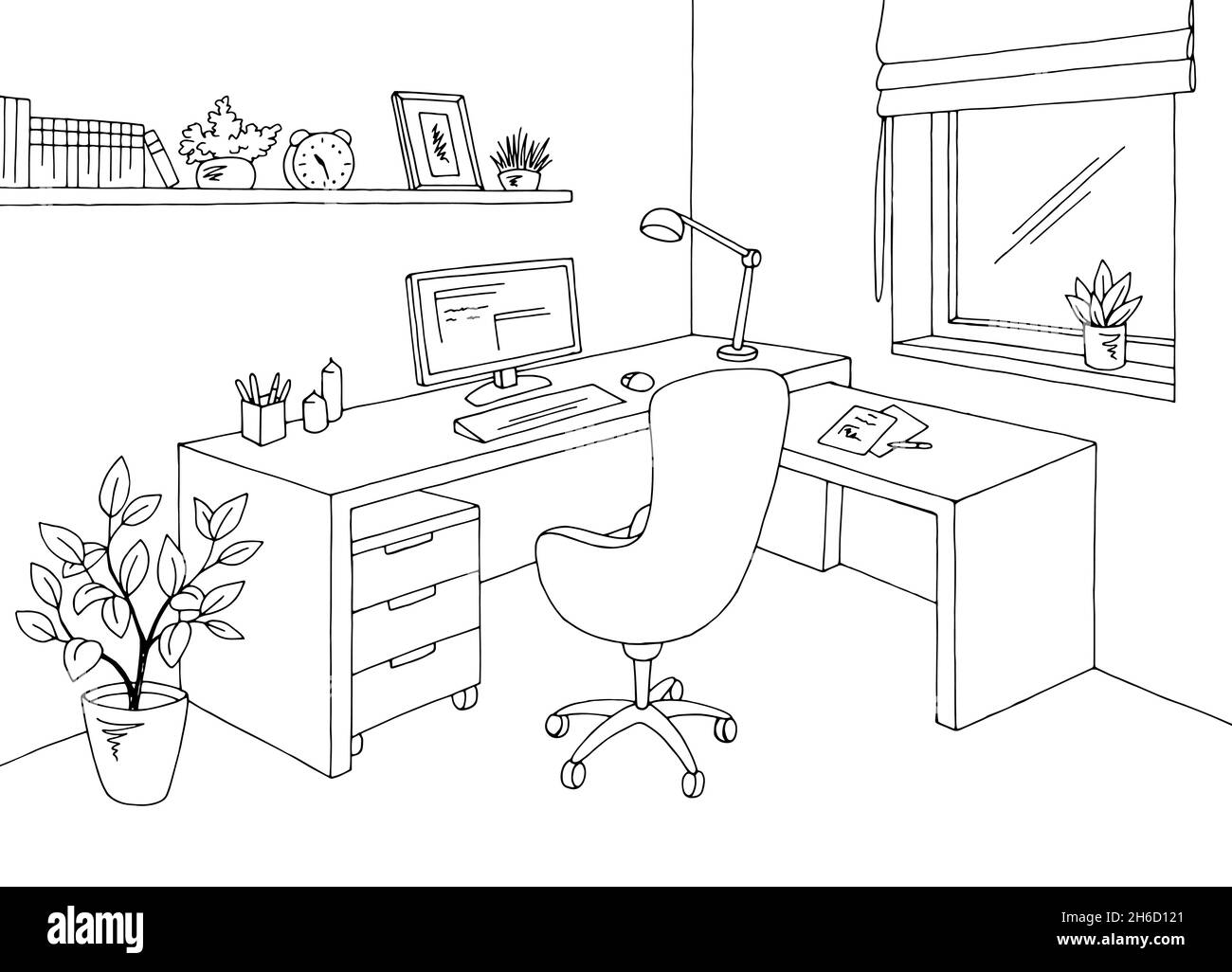 Home office graphic black white interior sketch illustration vector ...