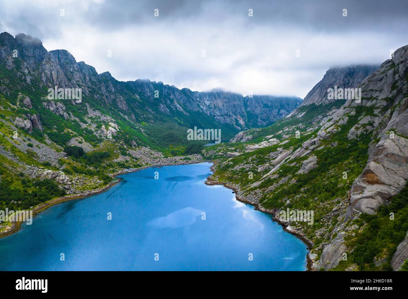 Aerial view of mountains and a lake in Lofoten Islands, Norway Stock Photo