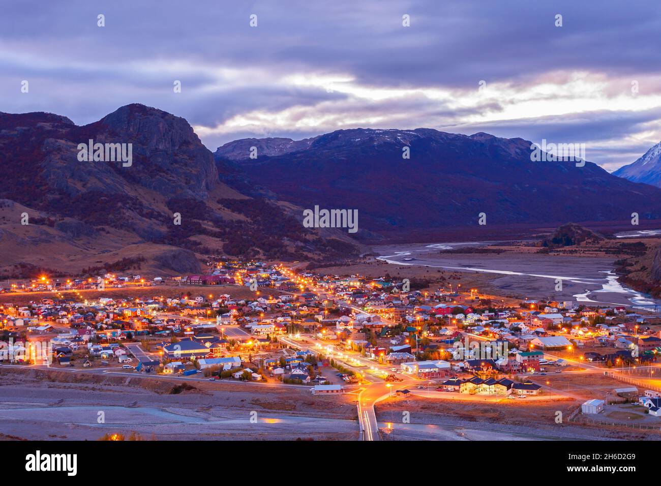 El Chalten town aerial panoramic view at night. El Chalten located in Patagonia in Argentina