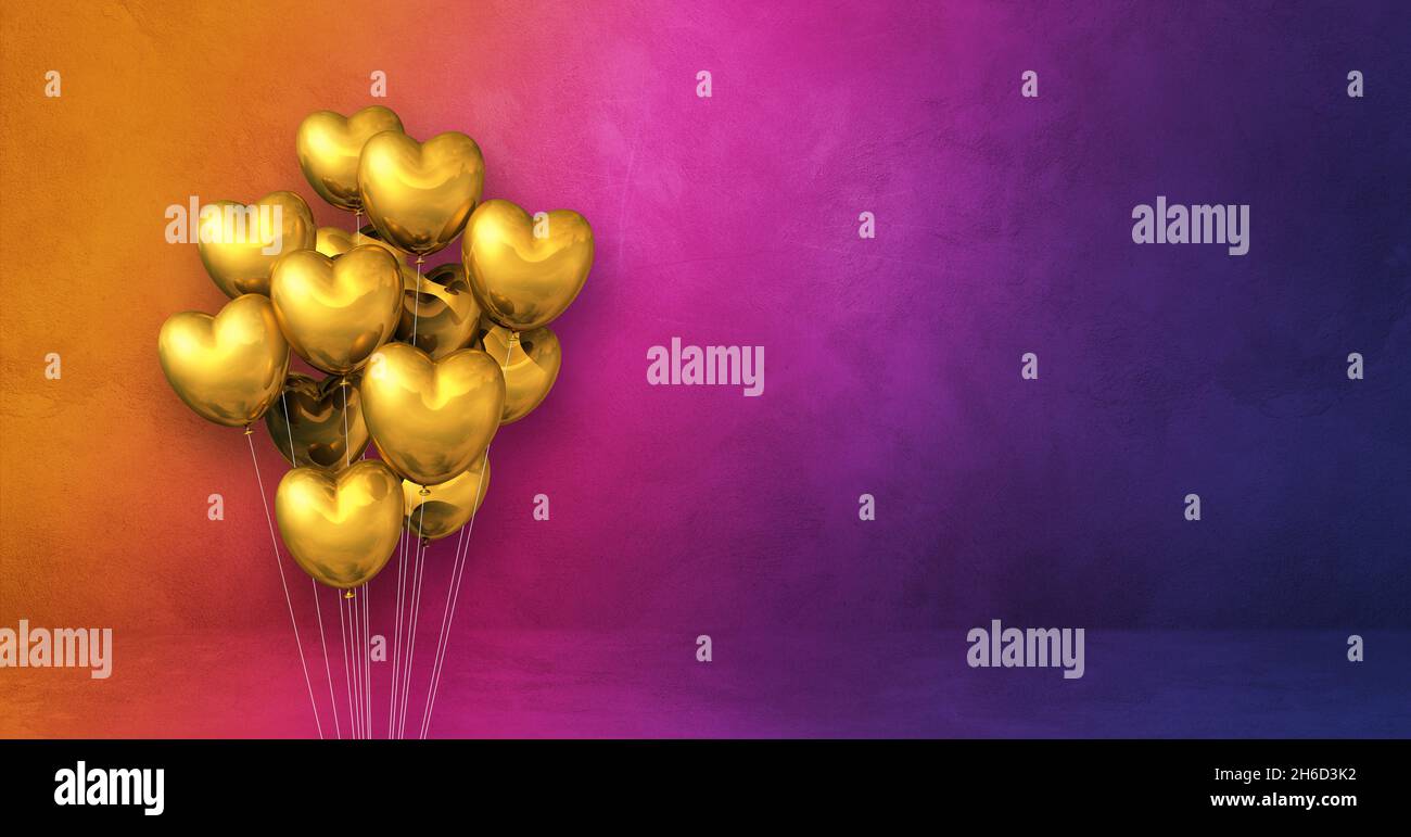 Gold heart shape balloons bunch on a rainbow wall background ...