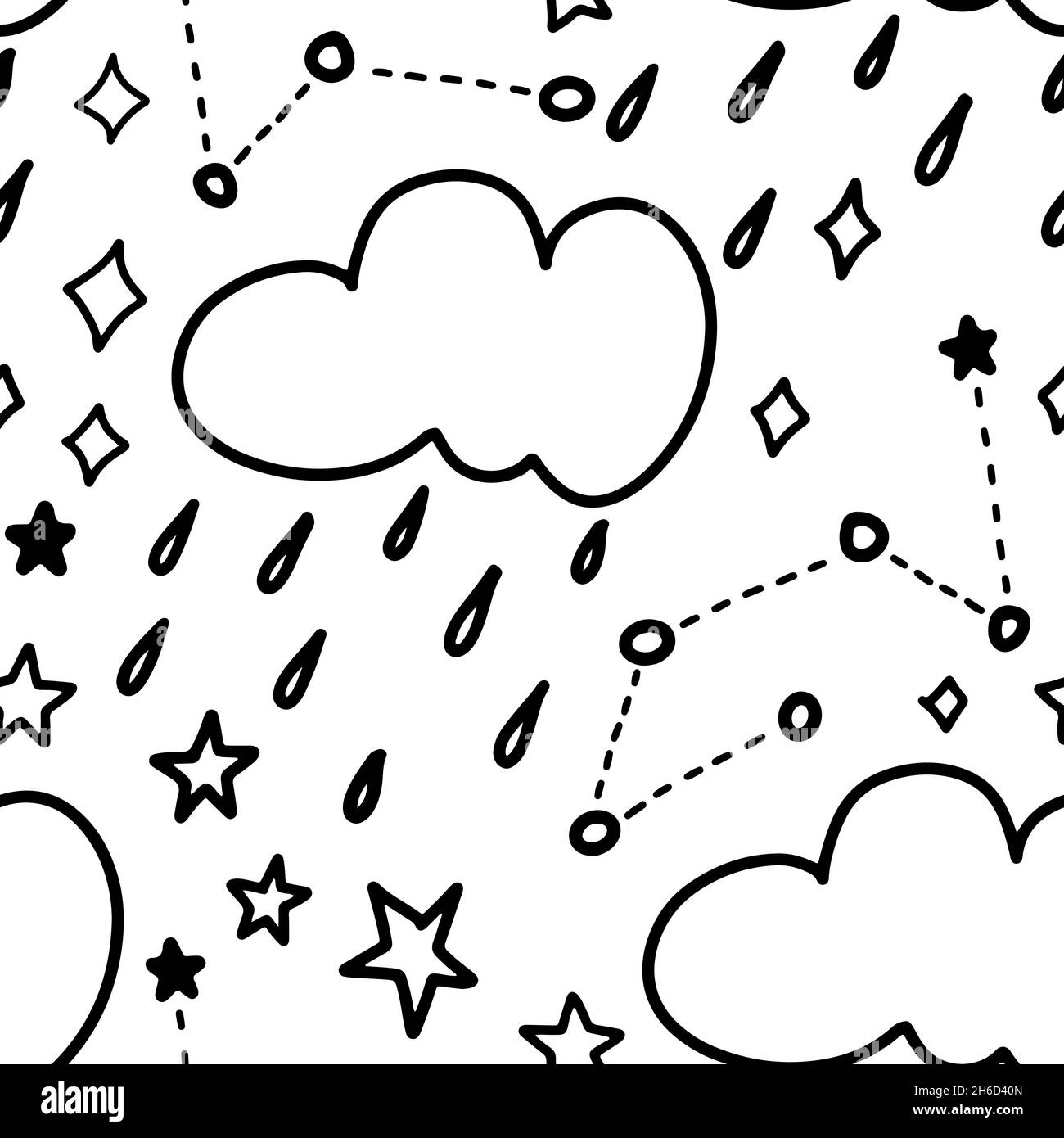 Doodle black and white clouds with rain, stars and cosmos seamless pattern. Cute night sky seamless background for textile, fabric, wrapping or kids Stock Vector