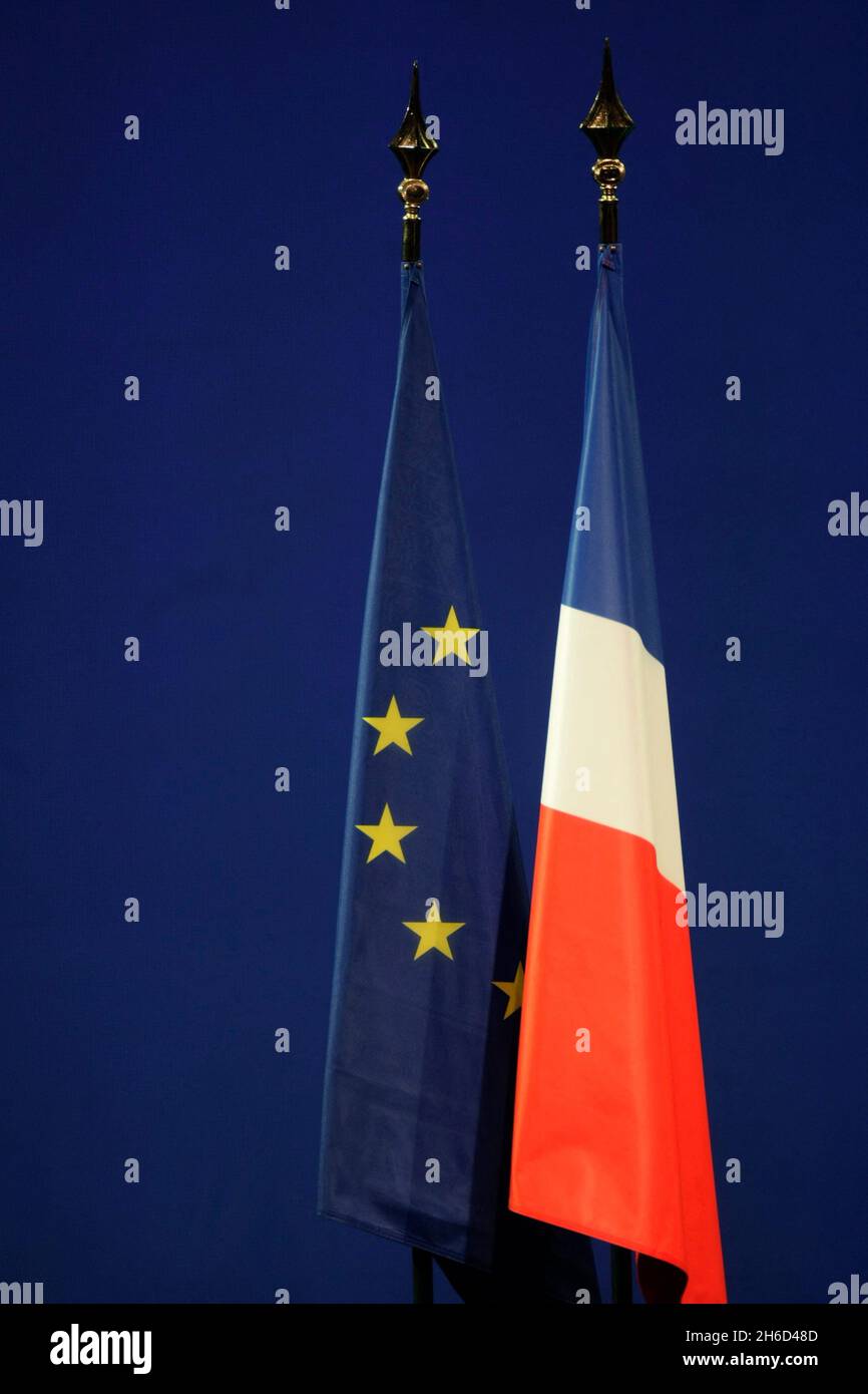 File photo dated April 2, 2008 of the European flag and French flag in