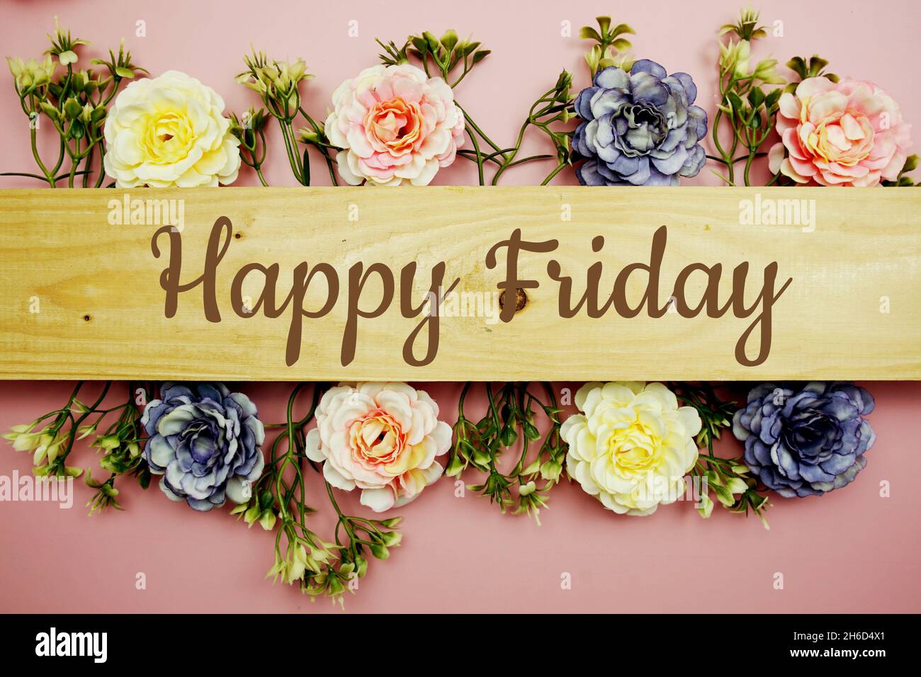 Happy Friday typography text and flower decorate on pink background ...