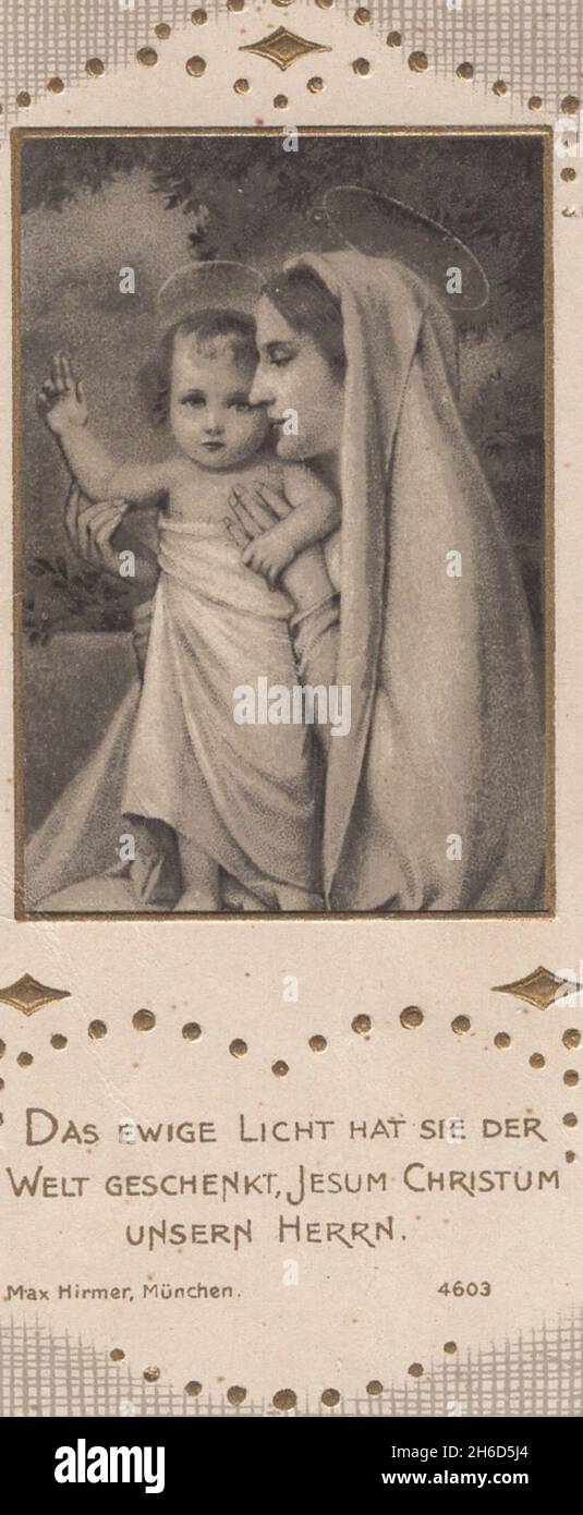 vintage  richly decorated monochrome holy card Madonna  St Mary witht the baby Jesus with glory by Max Hirmer, München 4603 1920s  Additional-Rights-Clearences-Not Available Stock Photo