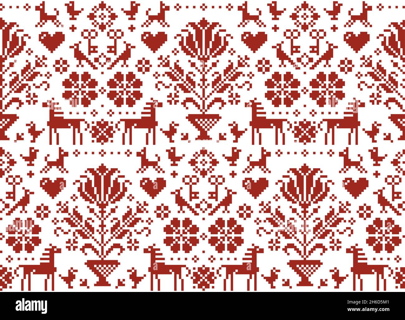 Traditional cross-stitch vector seamless folk art pattern with horses, flowers and birds - repetitive background inspired by German and Austrian ornam Stock Vector
