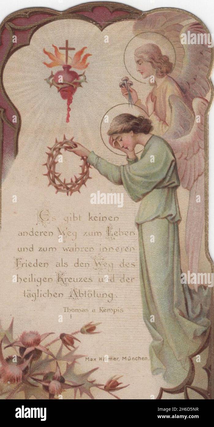 vintage  richly decorated colorful lithograph holy card Madonna  St Mary is holding the thorn wreath and crying with an angel. There is a Thomas à Kempis citation in german language by Max Hirmer, München 1920s  Additional-Rights-Clearences-Not Available Stock Photo