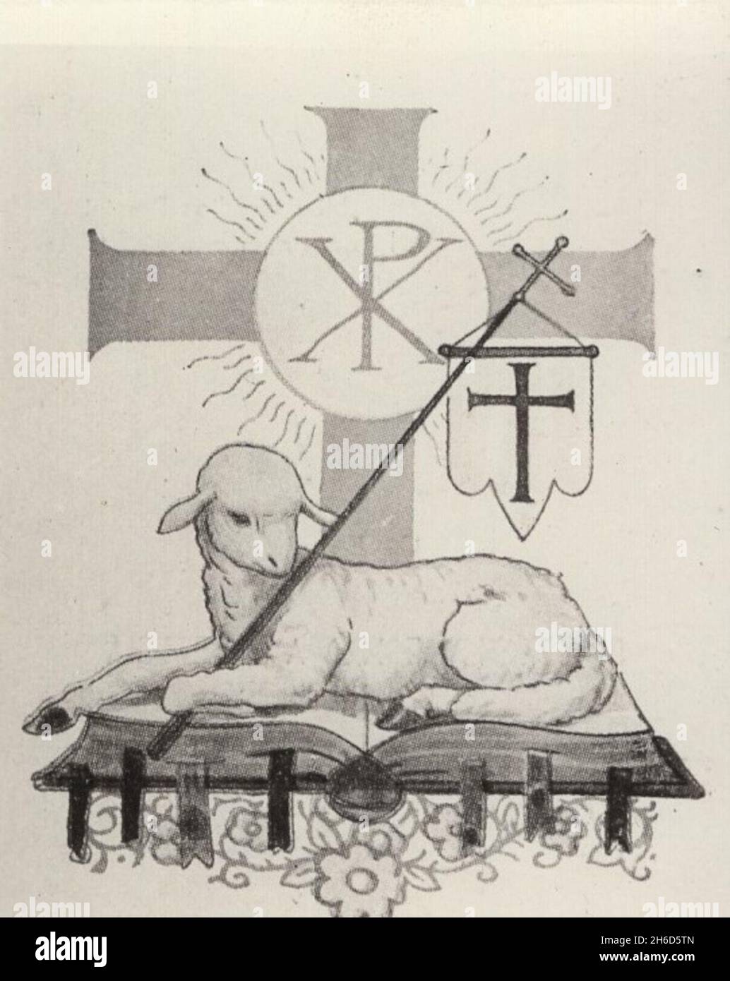 beautiful quality vintage graphic monochrome holy card with the symbol of PAX  ( peace) and a sheep .Additional-Rights-Clearences-Not Available Stock Photo