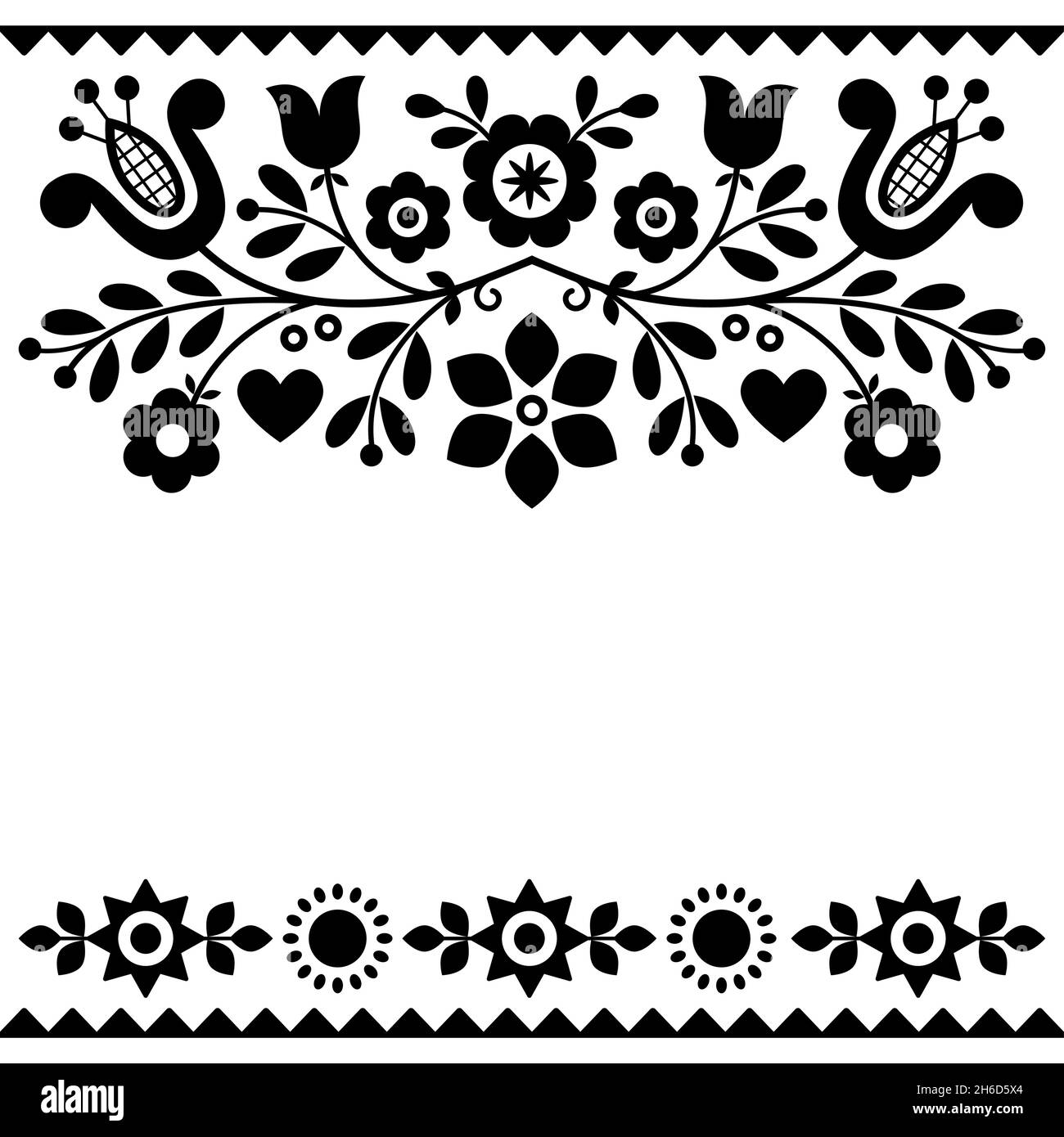 Floral design with flowers and hearts perfect for Valentine's Day greeting card or wedding invitation - Polish black and white folk art decor Stock Vector