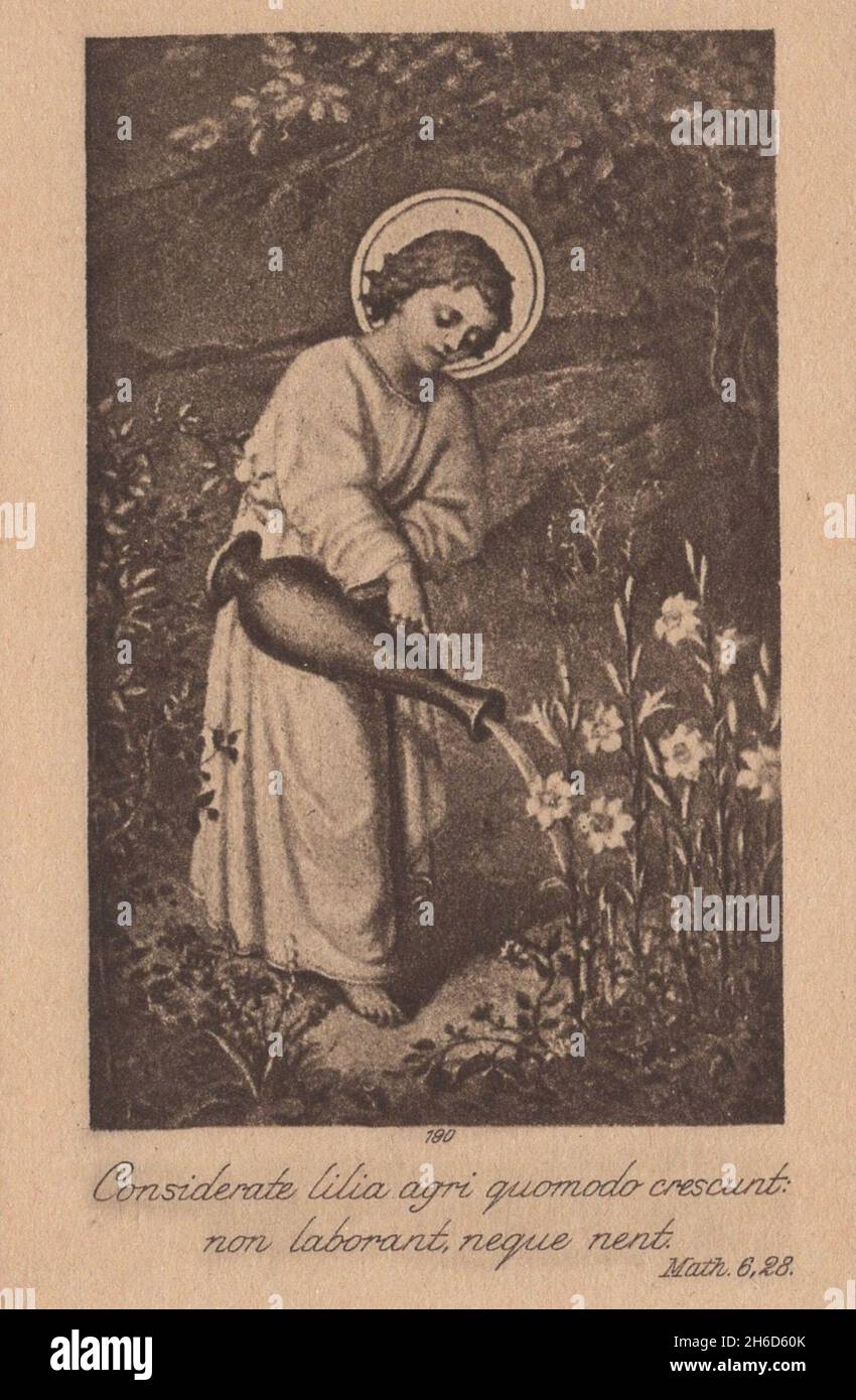 vintage holy card young Jesus watering flowers 1920 ' Considerate lilia agri quomodo crescunt non laborant neque nenti ' Additional-Rights-Clearences-Not Available Stock Photo