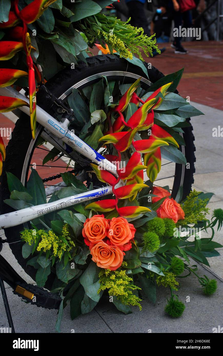 Close-up of bike decorated with flowers, in flower show 2021.  Guayaquil.  Ecuador Stock Photo