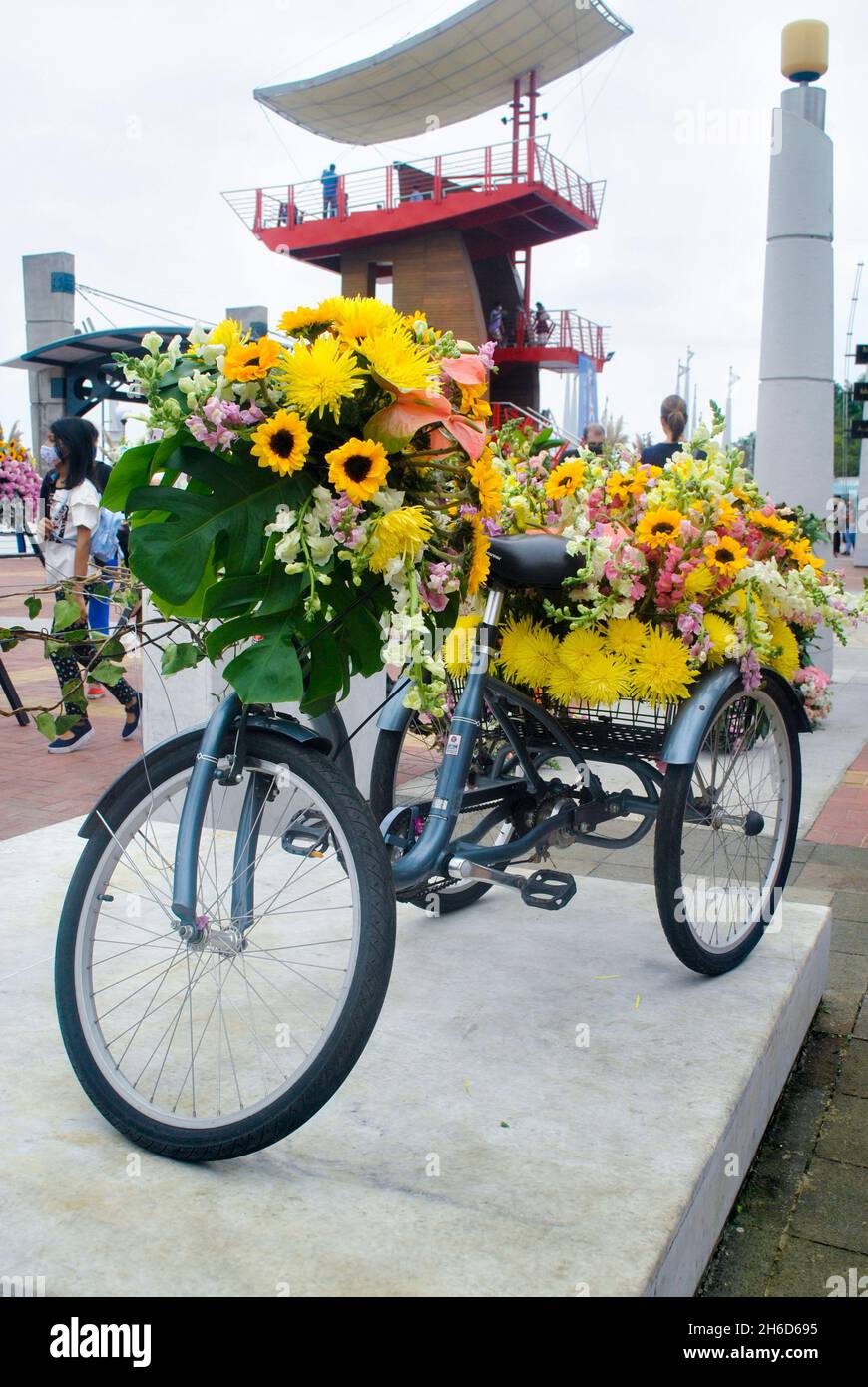 Bike decorated with flowers, in flower show 2021.  Guayaquil.  Ecuador Stock Photo