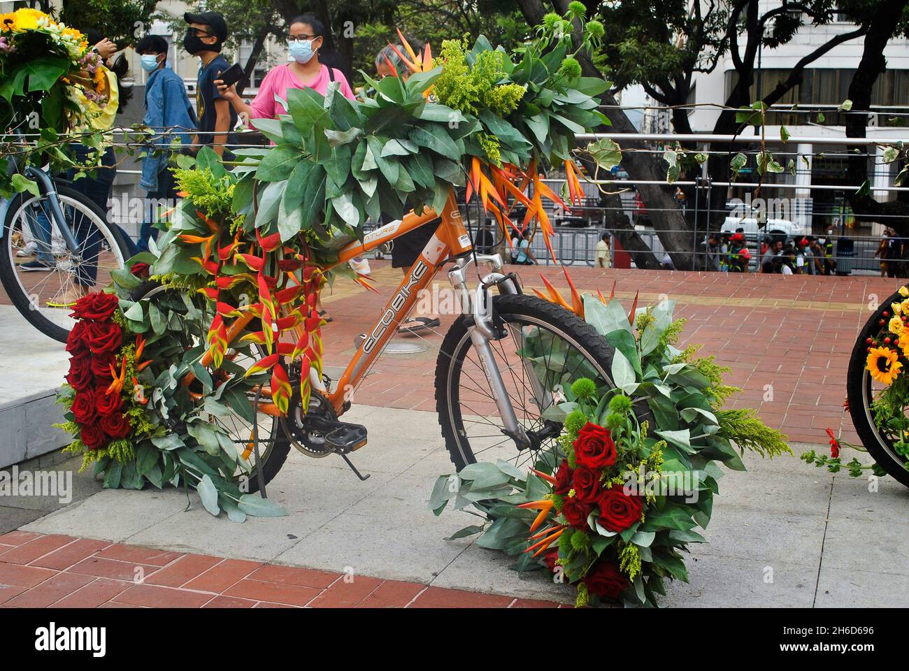 Bike decorated with flowers, in flower show 2021.  Guayaquil.  Ecuador Stock Photo