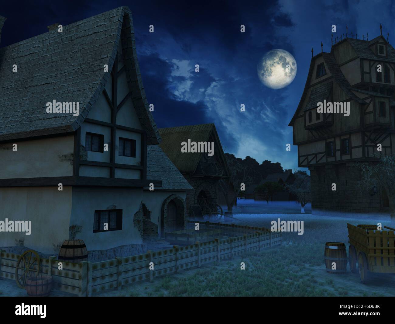 Illustration of a night in the medieval village Stock Photo - Alamy