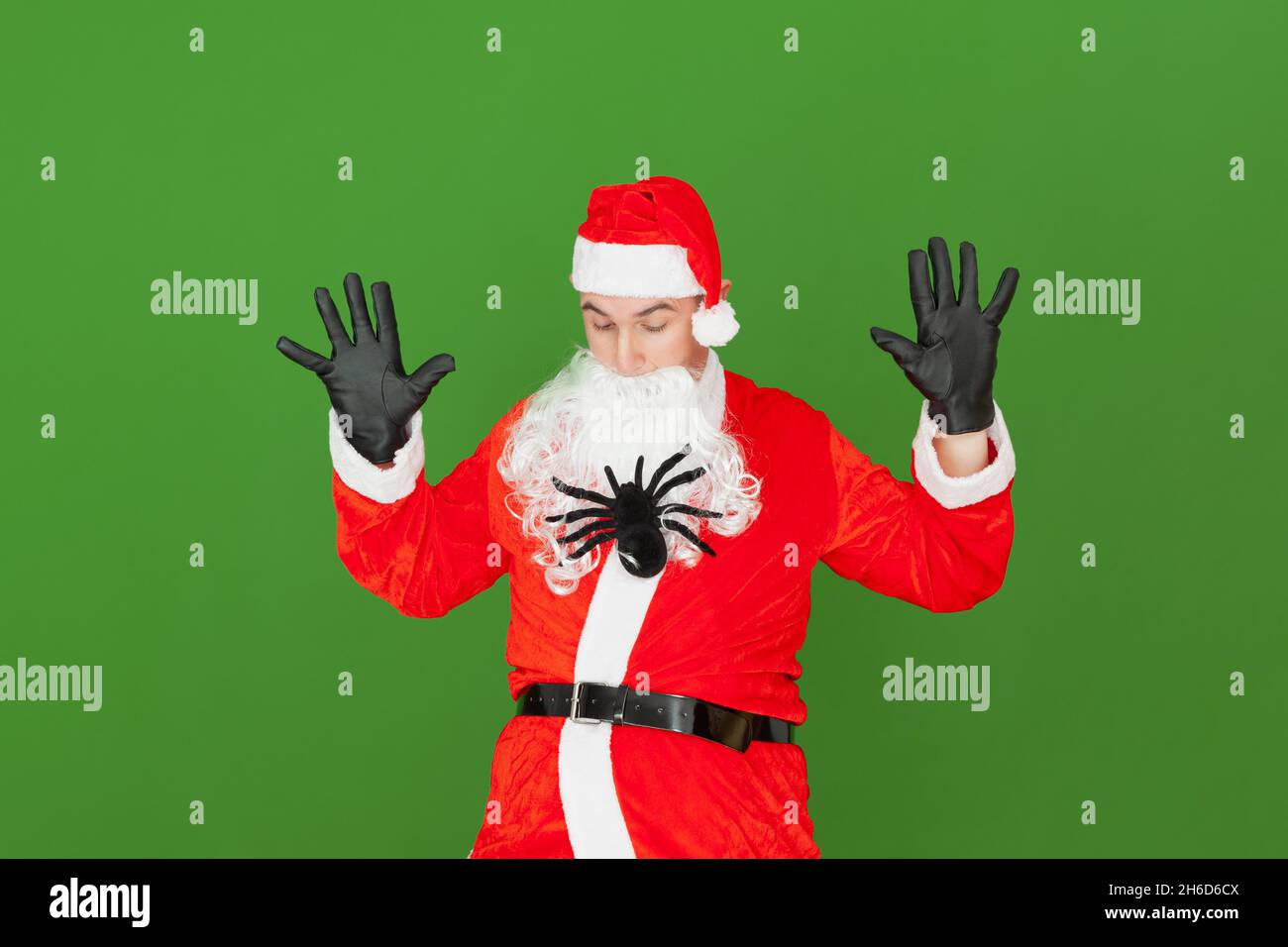 A toy spider is climbing through the beard of an adult Caucasian man dressed as Santa Claus, as he looks on in fright. The background is green. Stock Photo