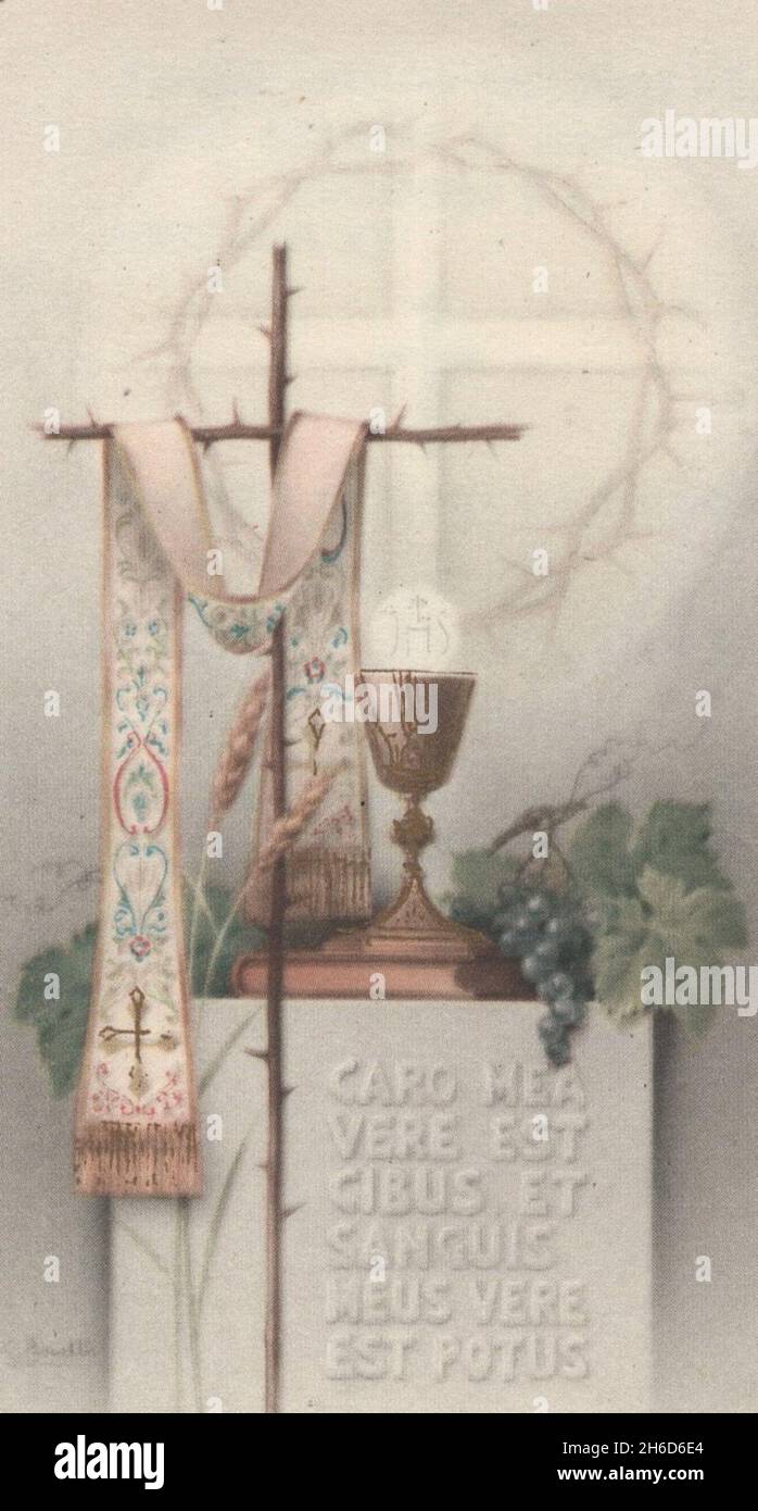 antique lithograph holy card Cross, thorn wreath, goblet scale grapes   ' Caro Mea Vere est Cibus et sanguis meus vere est potus' Additional-Rights-Clearences-Not Available Stock Photo