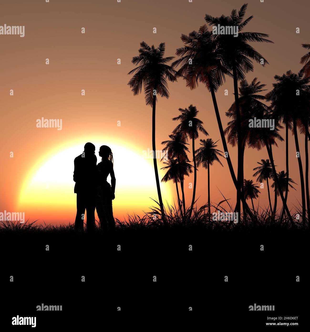 Illustration of a silhouette of palm trees and a couple during the sunsey Stock Photo