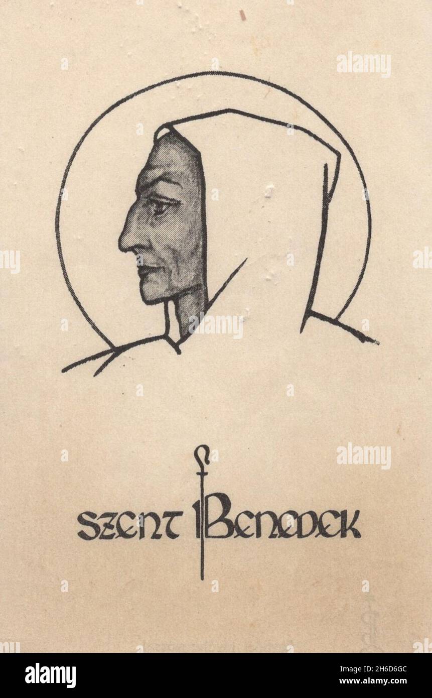 Antique religious scene engraving graphic works by unknown artist. Saint Benedict / Benedict of
