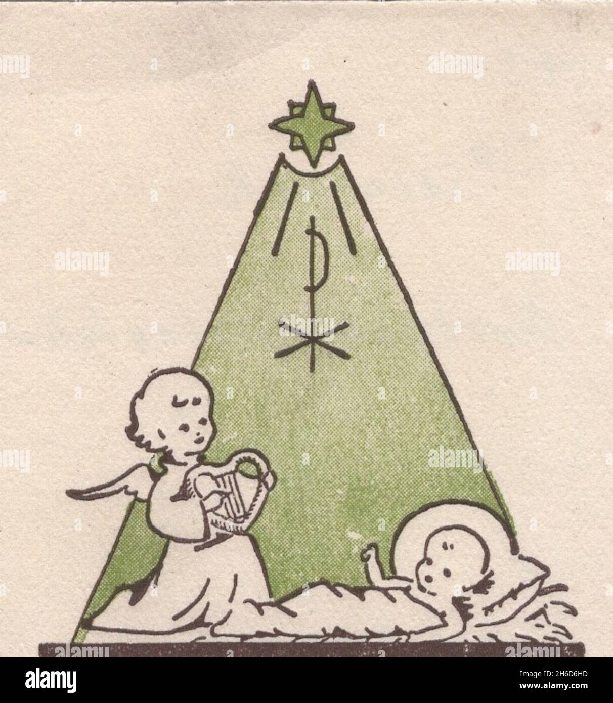 beautiful vintage graphic little Jesus and angel.Green tree  with pax symbol Christmas X-mas style .Additional-Rights-Clearences-Not Available Stock Photo