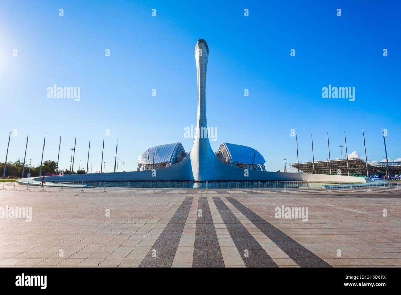 Sochi, Russia - October 04, 2020: Bowl of the Olympic flame Firebird and Fisht Stadium at Sochi Olympic Park, which was constructed for 2014 Winter Ol Stock Photo