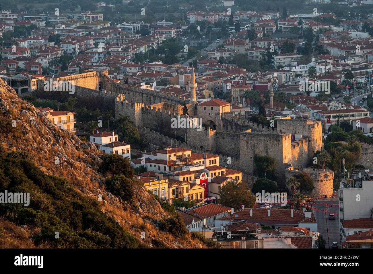 Çeşme Castle in Çeşme, Izmir Provence, Turkey. Pictured at sunset. Stock Photo