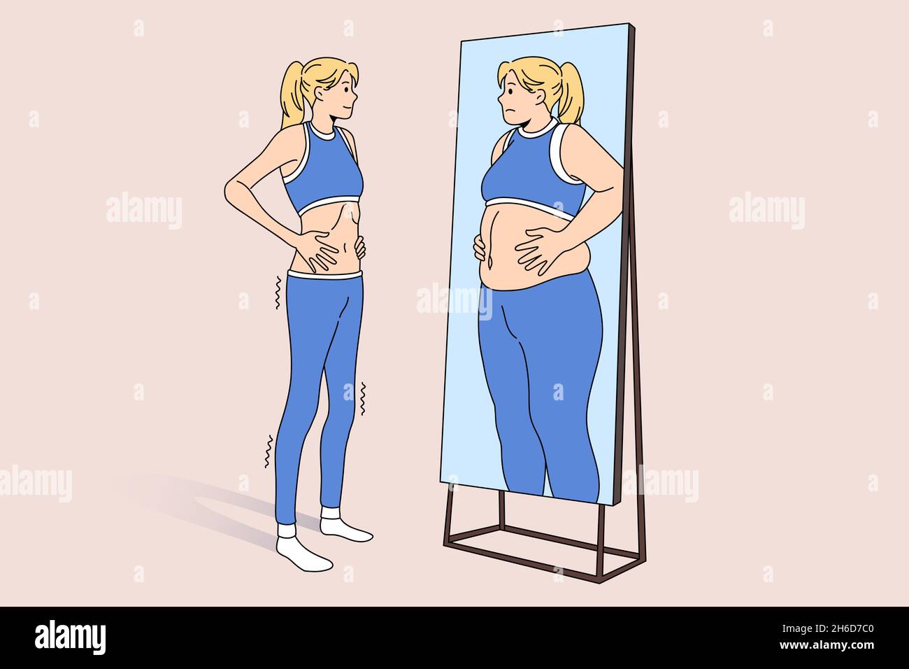 Unwell skinny girl look in mirror see fat obese reflection. Upset thin slim woman suffer from eating disorder. Female struggle with anorexia or bulimia. Mental health problem. Vector illustration. Stock Vector