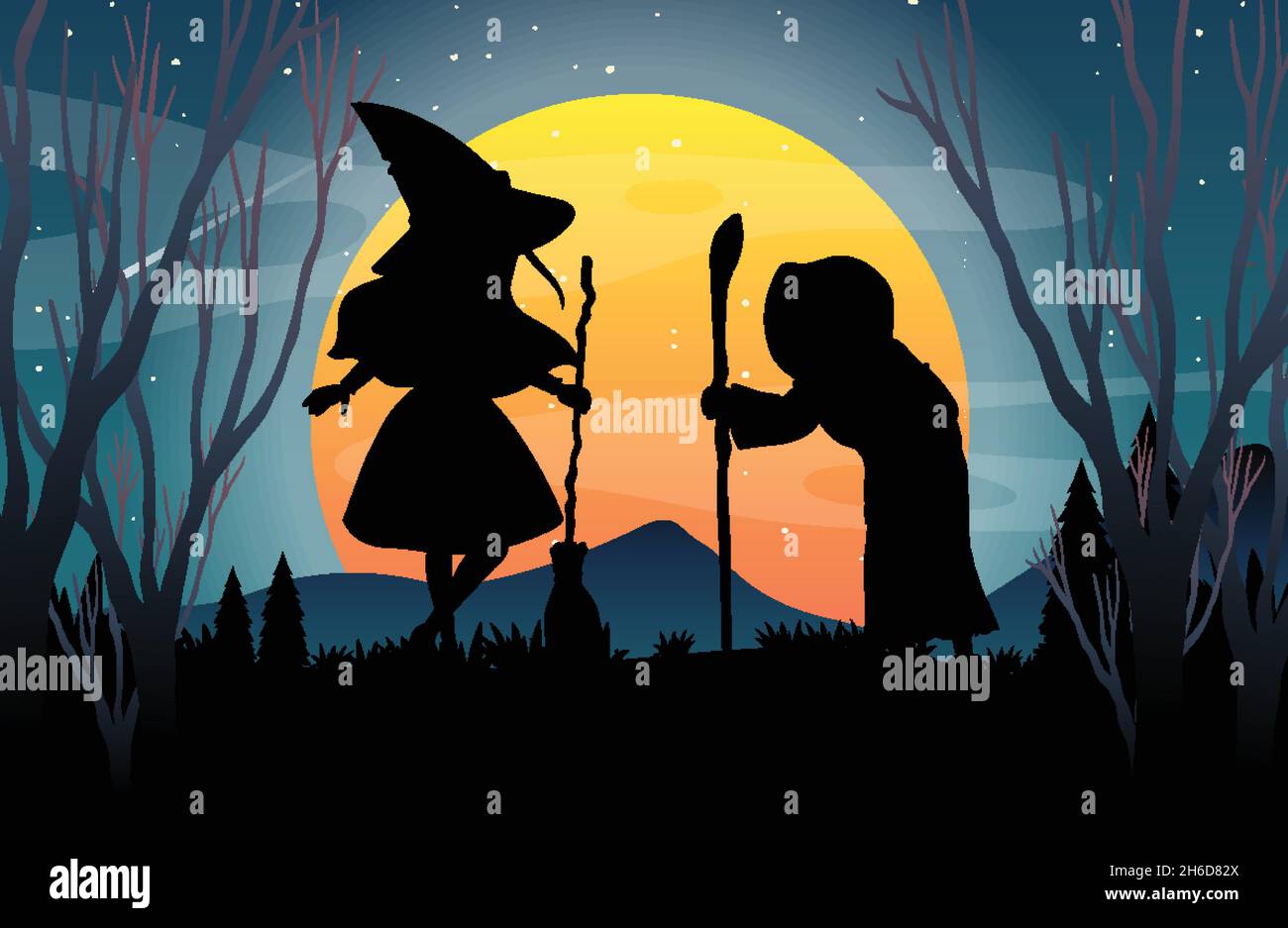 Halloween night background with witches silhouette illustration Stock Vector