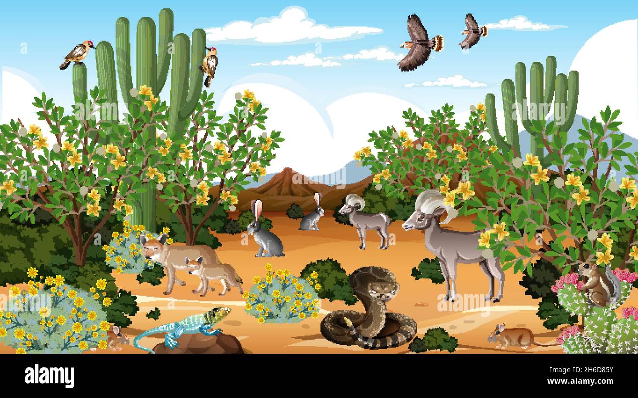 Desert forest landscape at daytime scene with willd animals illustration Stock Vector