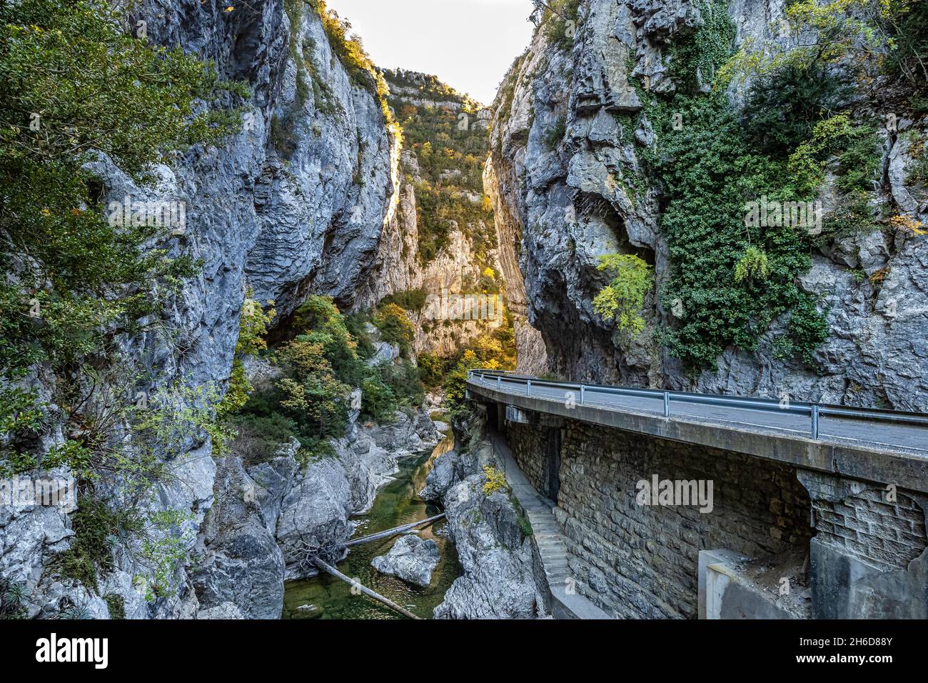 Driving through Foz de Arbayun canyon of Salazar River in the Pyrenees in Navarre Autonomous Community of Spain, Europe Stock Photo