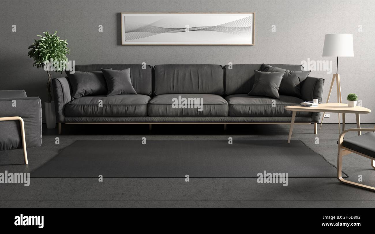 Blank black rectangular interior carpet in room mockup, front view, 3d rendering. Empty decorative bearskin overlay mock up. Clear canvas matting in m Stock Photo