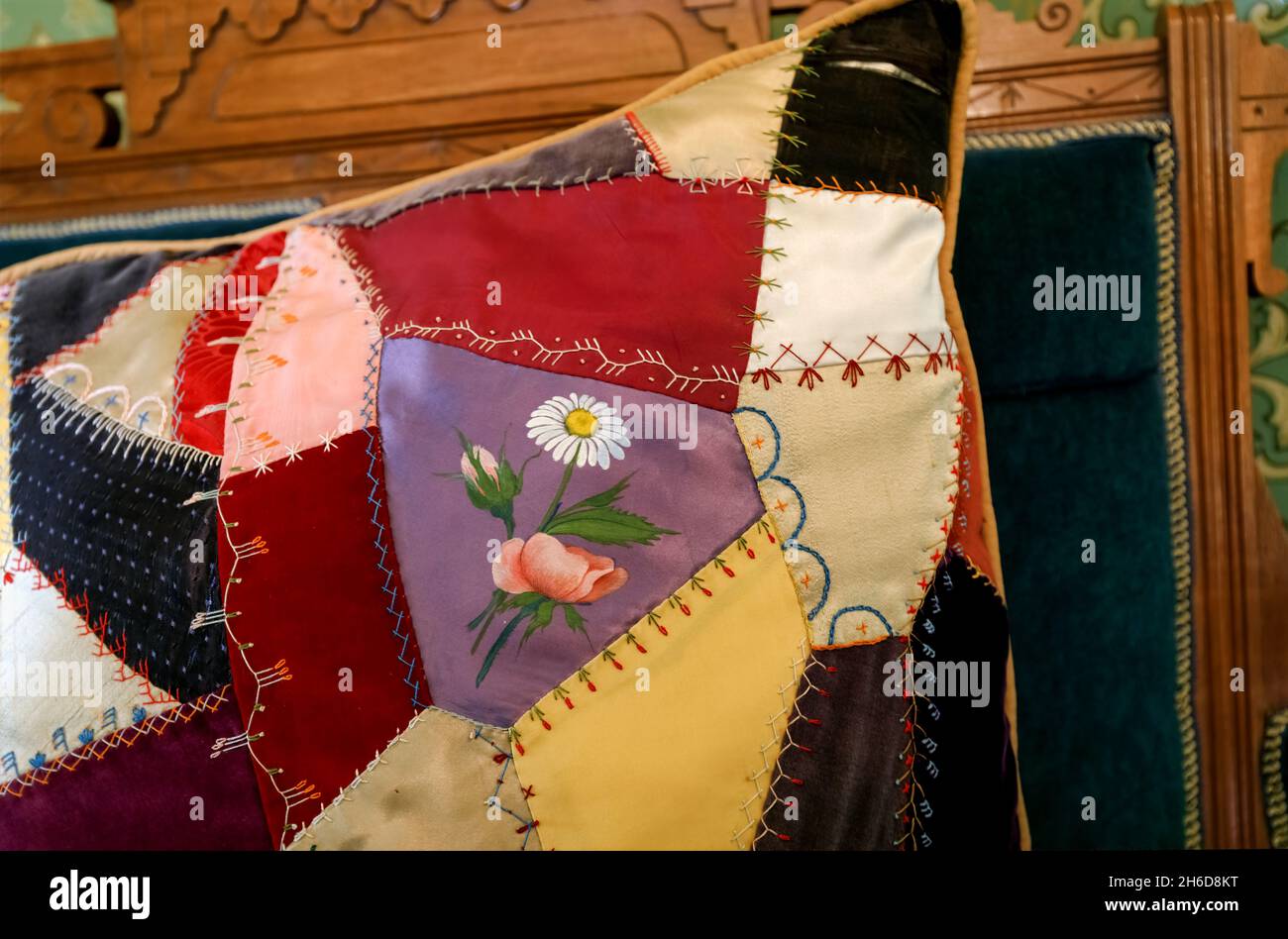 Crazy patchwork cushion in the 1890 Farm House Museum, Billings Farm & Museum, Woodstock, Vermont, New England, USA Stock Photo