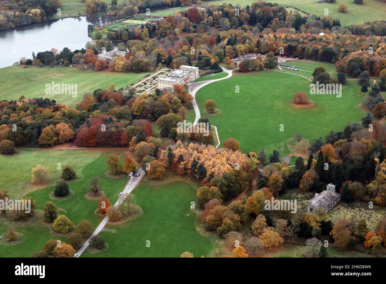 aerial view of Harewood House & Grounds including Lake, West Yorkshire