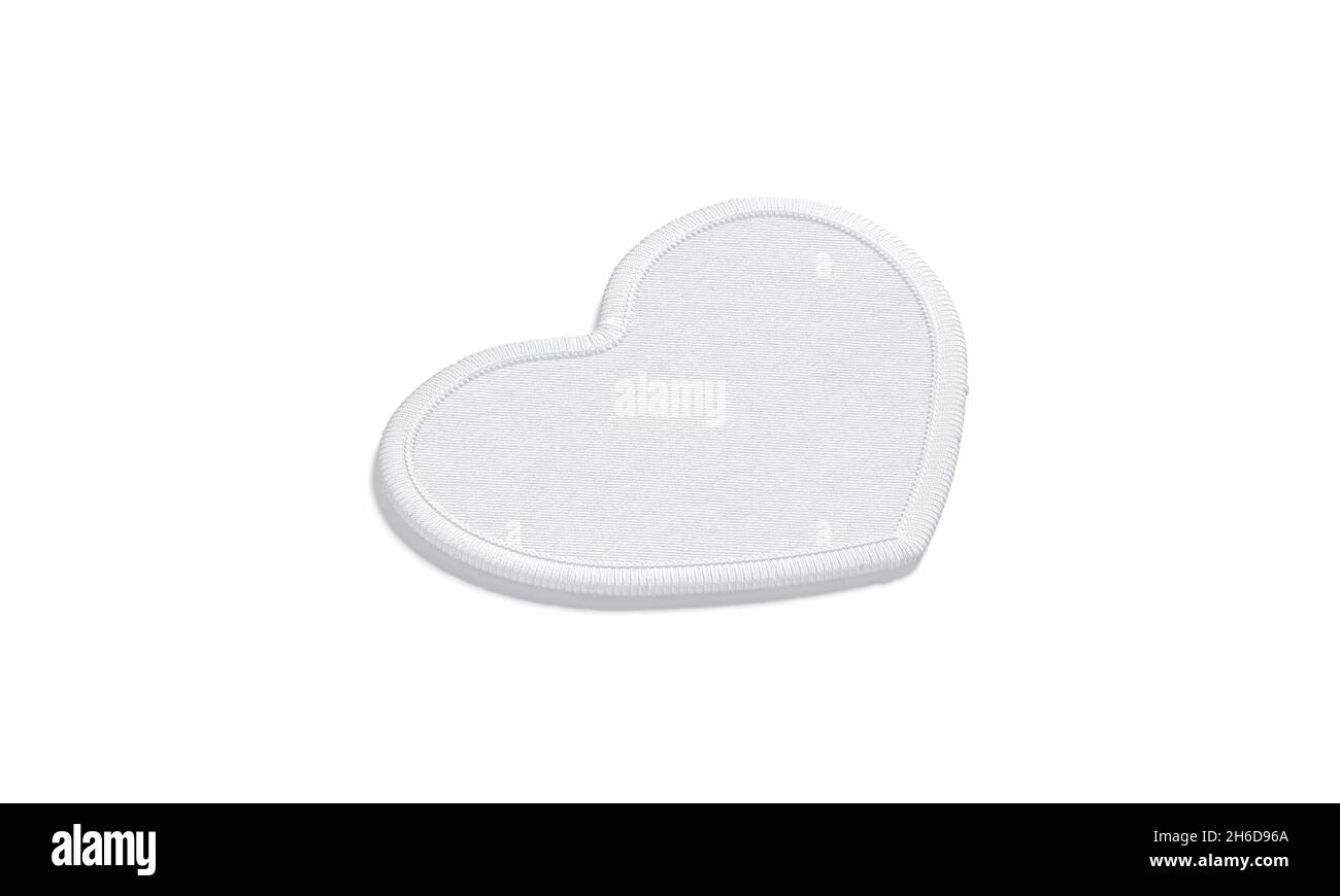 Blank white heart embroidered patch mock up lying, side view, 3d rendering. Empty cloth heart-shaped symbol mockup, isolated. Clear fabric love attach Stock Photo