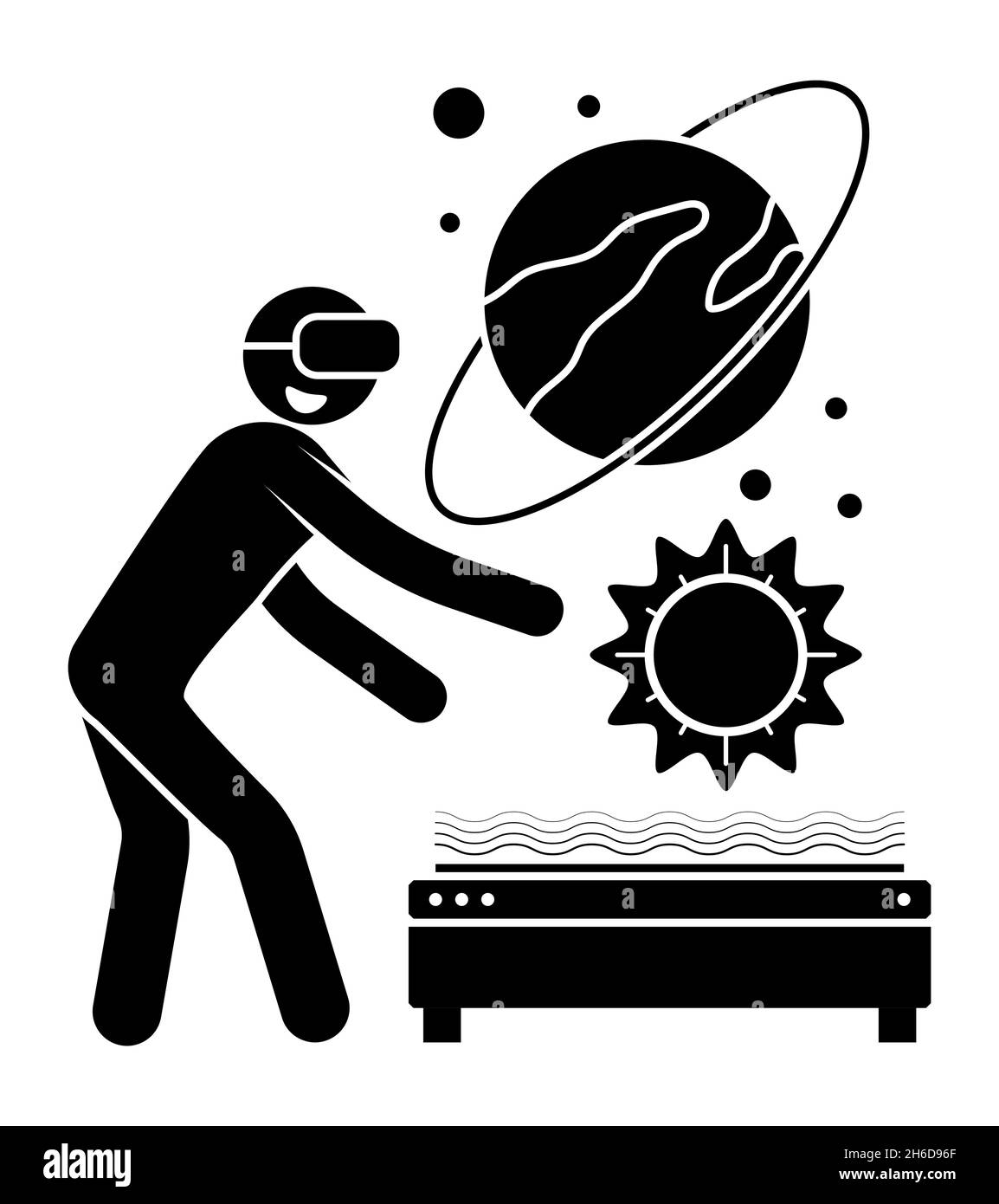 stick man figure, student, scientist in virtual reality glasses looks at solar system. High technologies in modern education. Simple black and white v Stock Vector