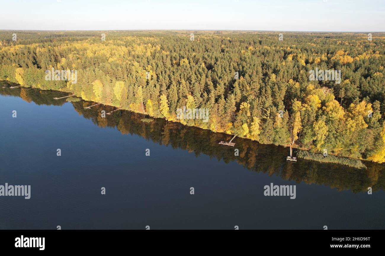 Ecologic fishing park aerial drone view in autumn time Stock Photo
