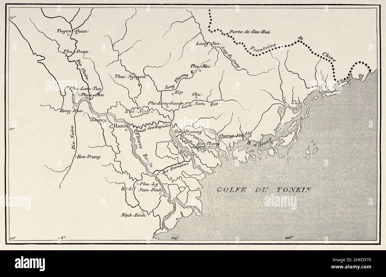 General map of Tonkin, Vietnam. Asia. Old 19th century engraved illustration A campaign in Tonkin by Charles Edouard Hocquard from Le Tour du Monde 1889 Stock Photo