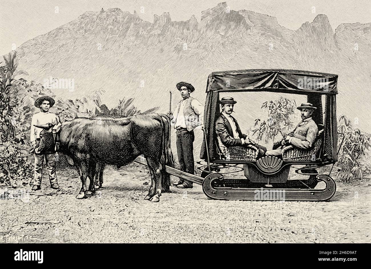 Typical cart without wheels, built in wicker and wood pulled by two oxen led by a herdsman