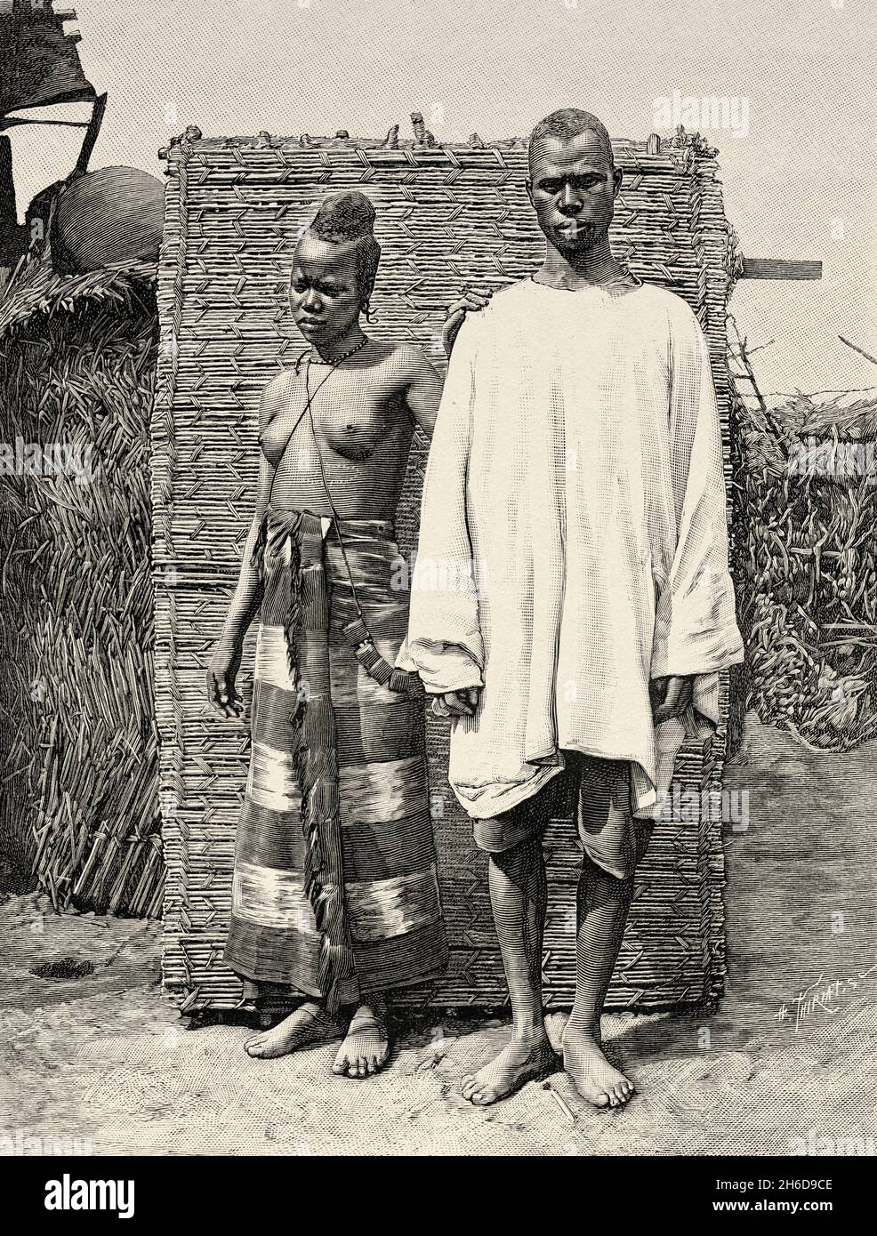Young Foulah girl and man in the village of Kandenbel. Guinea-Bissau Africa. Old 19th century engraved illustration, Journey through Senegambia and Portuguese Guinea by captain Henri Brossard-Faidherbe (1855-1893) from Le Tour du Monde 1889 Stock Photo