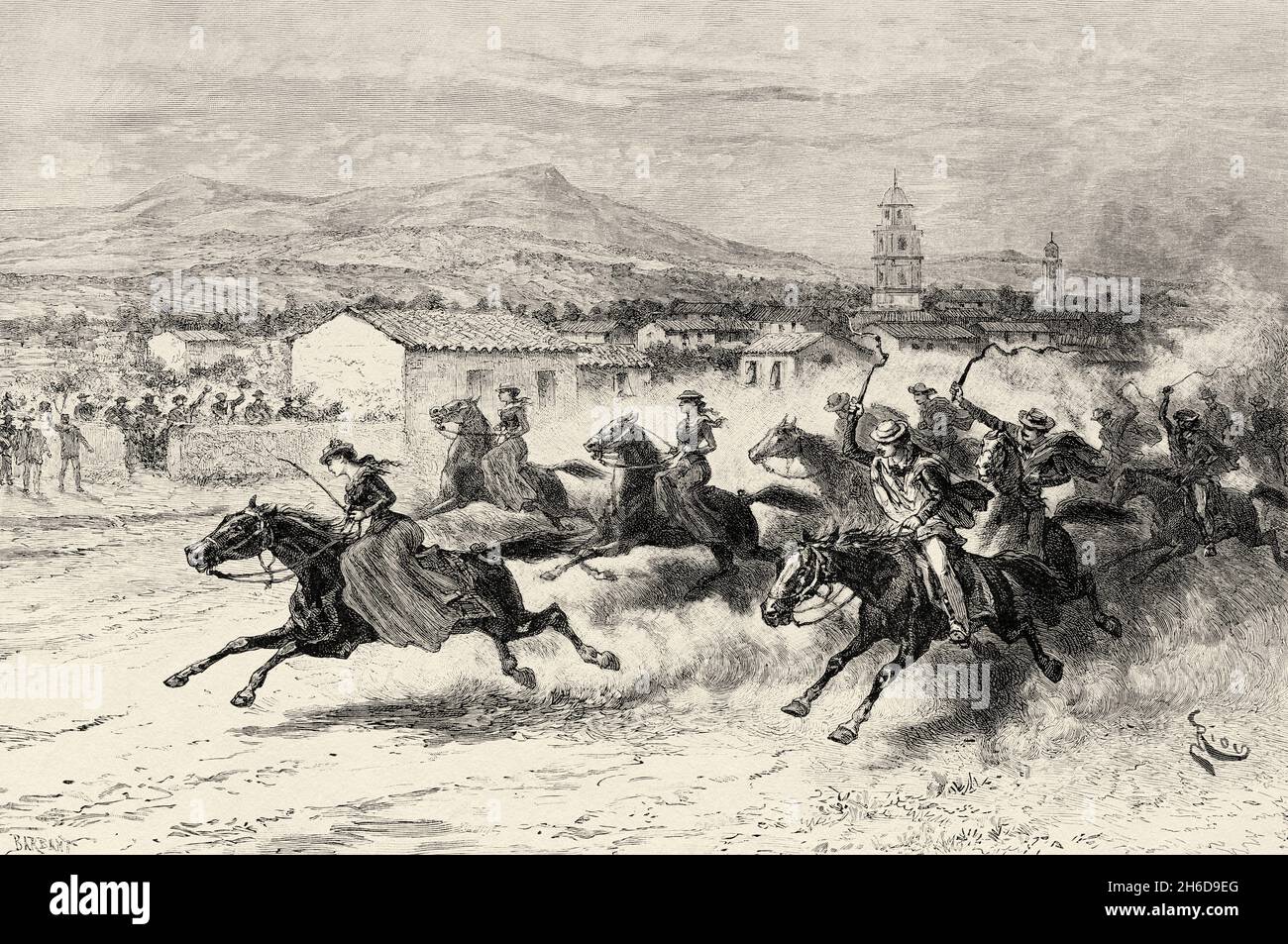 Women in a horse race in Tarija. Great Chaco, Bolivia, South America. Old 19th century engraved illustration, Expedition to the Pilcomayo Delta by French explorer Emile Arthur Thouar from Le Tour du Monde 1889 Stock Photo