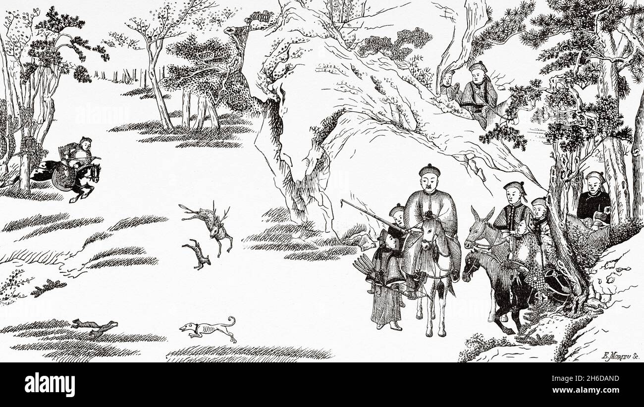 A hunting episode in China. Thou-tang Minister of Finance of Emperor Kien-Long, hunting in the province of Manchuria in August 1781. China, Asia. Old 19th century engraved illustration from La Nature 1897 Stock Photo