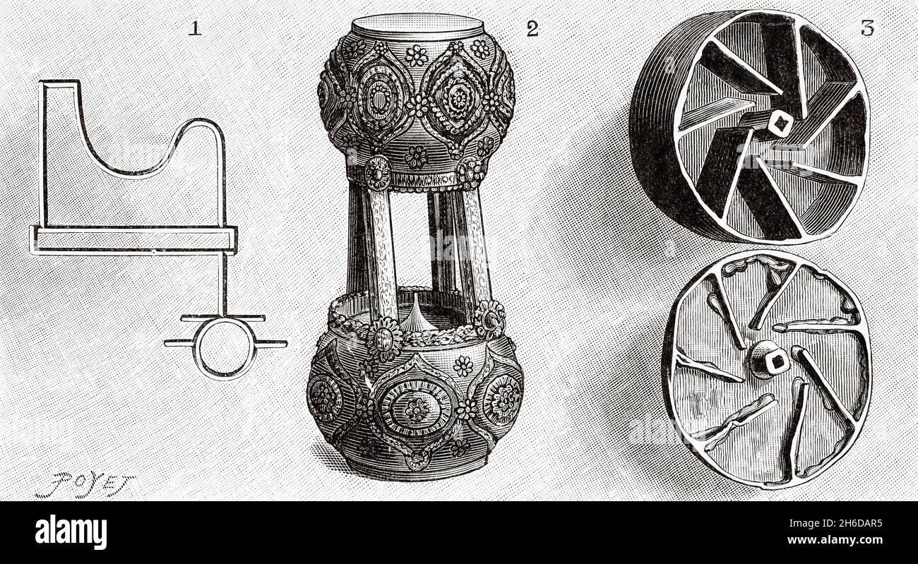 Hour by the clepsydra. 1 Egyptian clepsydra. 2 Clepsydra in sandstone at the museum of cluny. 3 Section of a seventeenth century brass clepsydra. Old 19th century engraved illustration from La Nature 1897 Stock Photo
