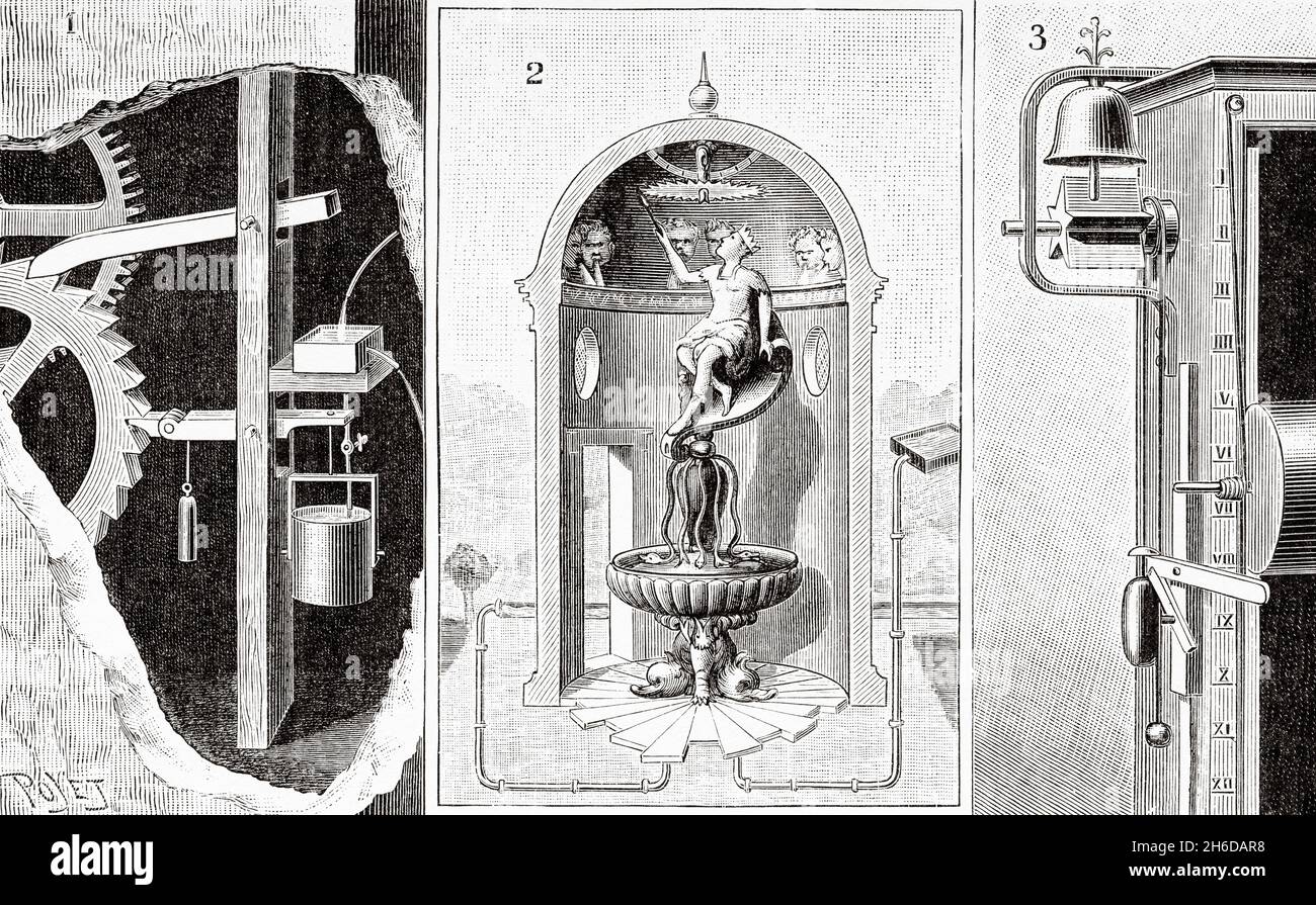 1 Clepsydra by Salomon de Caus. 2 Clepsydre by Jacques Besson. 3 Clepsydra  with alarm clock. Old 19th century engraved illustration from La Nature  1897 Stock Photo - Alamy