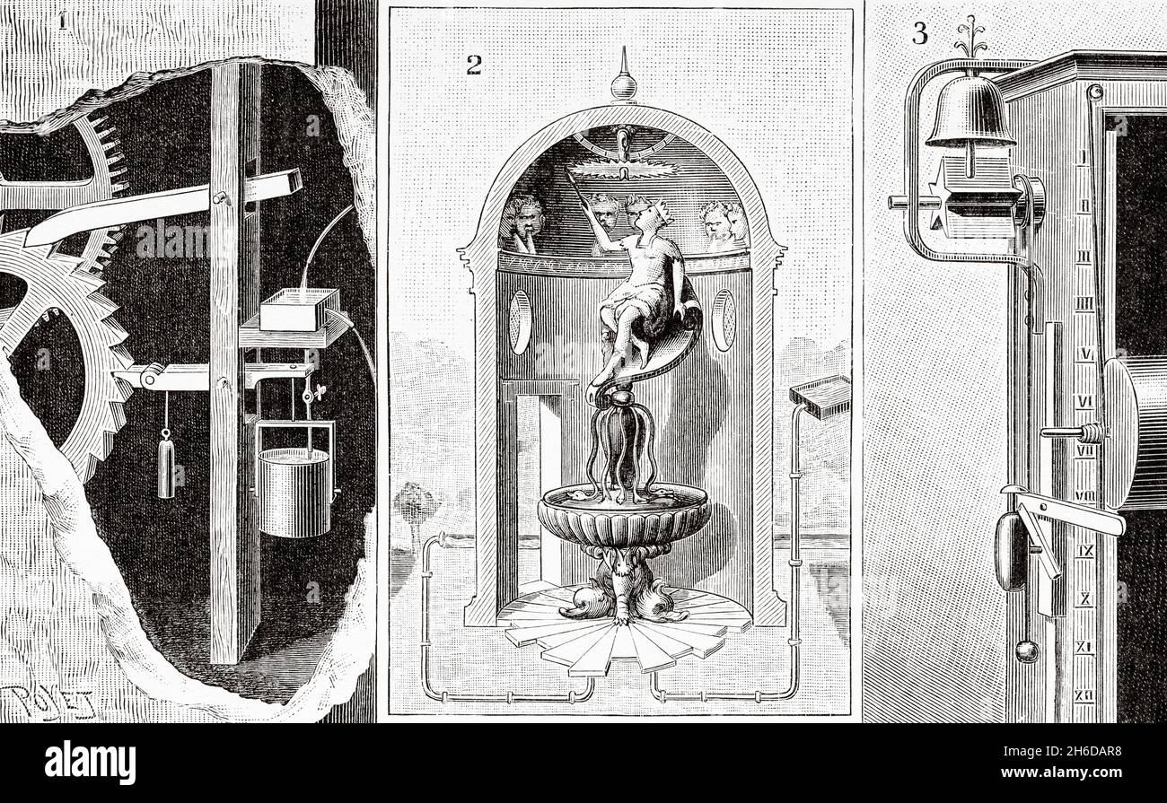 1 Clepsydra by Salomon de Caus. 2 Clepsydre by Jacques Besson. 3 Clepsydra with alarm clock. Old 19th century engraved illustration from La Nature 1897 Stock Photo