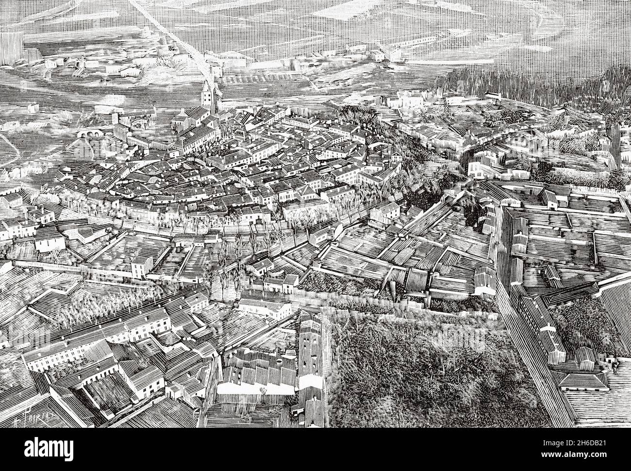 Aerial photography by kite. View taken from the town of Labruguiere, Tarn. France, Europe. Old 19th century engraved illustration from La Nature 1897 Stock Photo