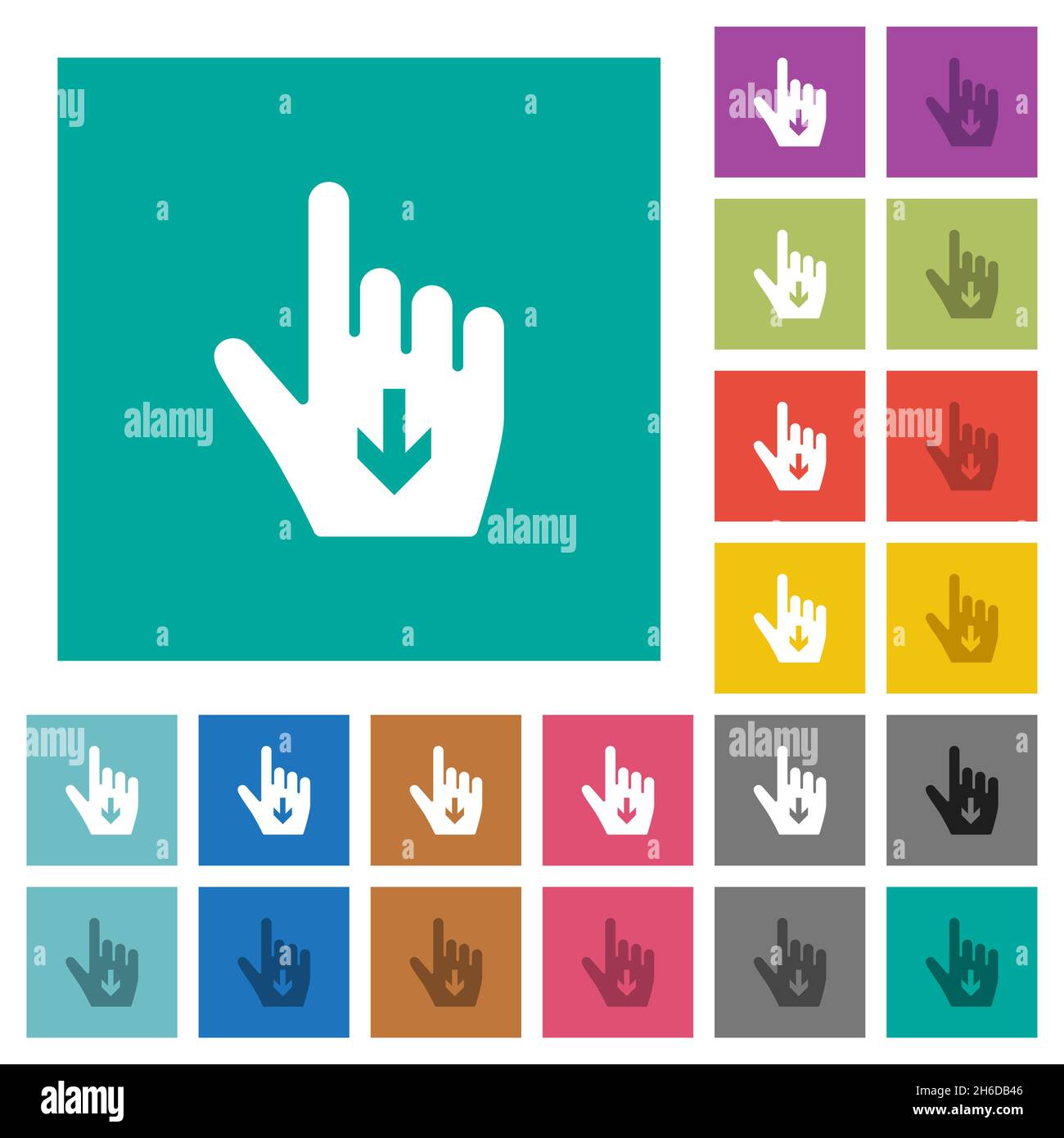 Hand cursor down solid multi colored flat icons on plain square backgrounds. Included white and darker icon variations for hover or active effects. Stock Vector