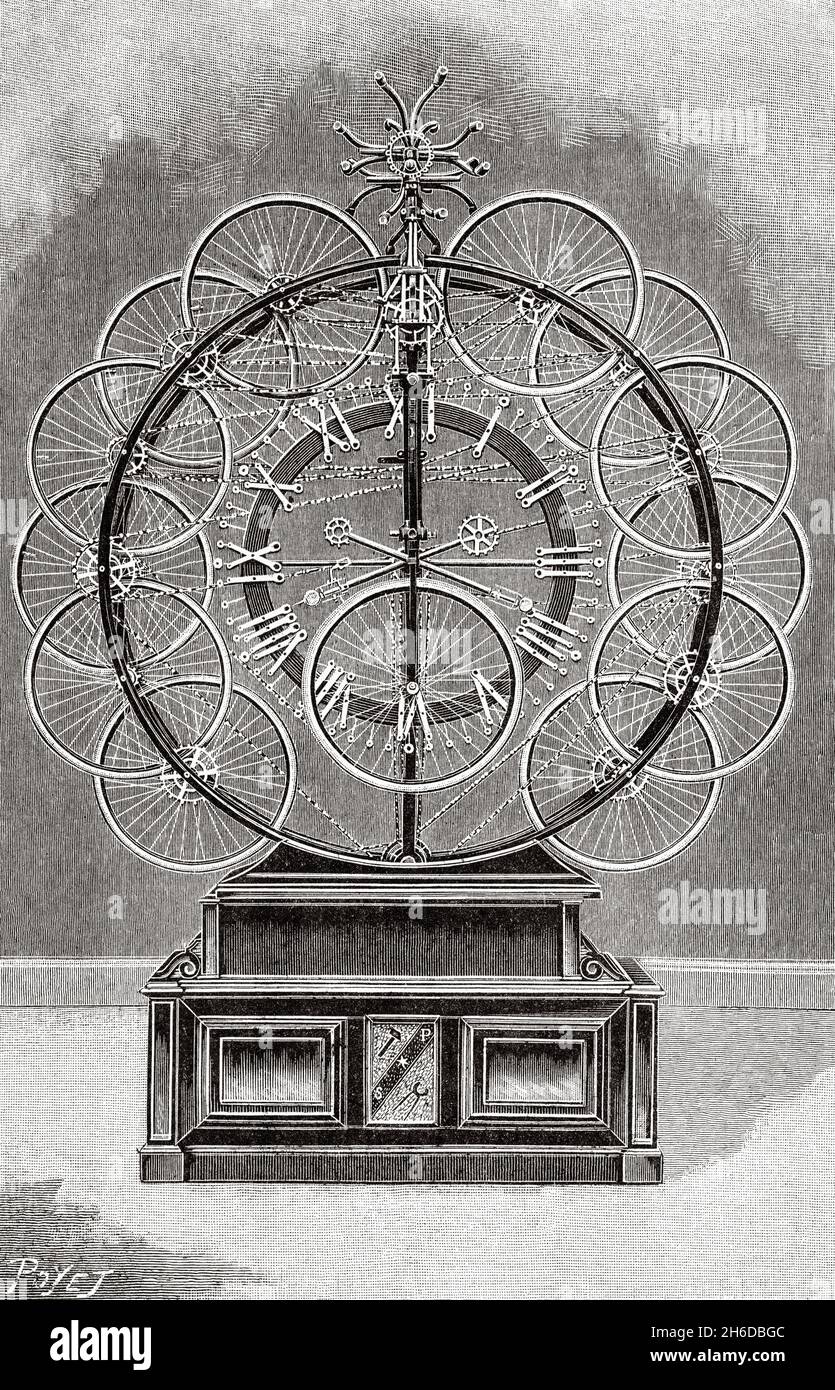 Old clock with cycling motifs. Old 19th century engraved illustration from La Nature 1897 Stock Photo